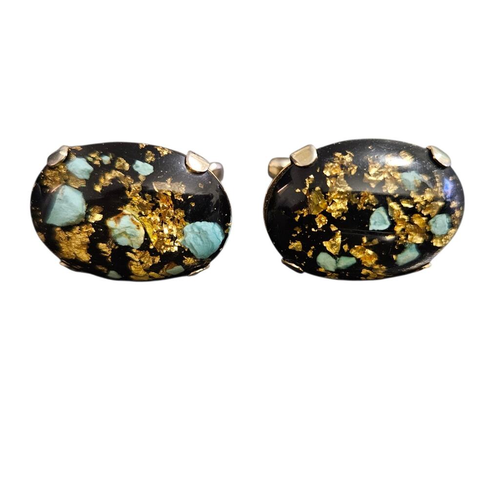 Vintage Black Resin Gold Leaf Turquoise Stone Cufflinks Oval